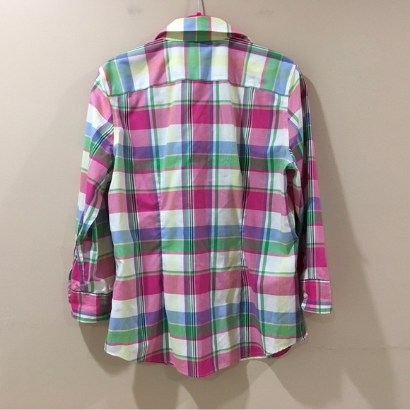 Chaps women M Shirt Top No Iron Long Sleeve Plaid Pink Western Nautical Coastal - Picture 2 of 6